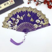 10Pcs Purple Powder Painting Flower Folding Hand Fans w/Tassel