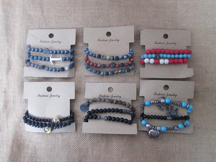 6Sheets x 3Pcs Round Beads Stone Elastic Bracelet Fashion Jewell - Click Image to Close