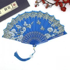 10Pcs Blue Powder Painting Flower Folding Hand Fans w/Tassel