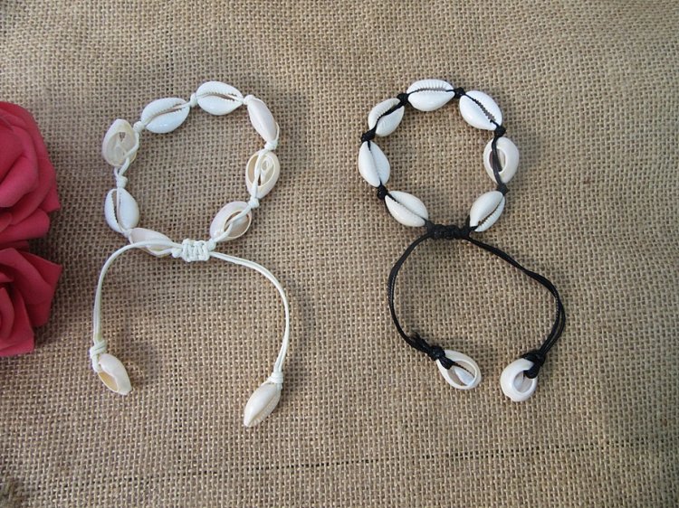 12Pcs Natural Handmade Knitted Drawstring Bracelets w/Shell Bead - Click Image to Close