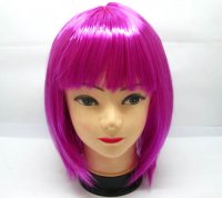 4Pc Bobo Head Style Neat Bang Short Straight Cosplay Wig Fuschia