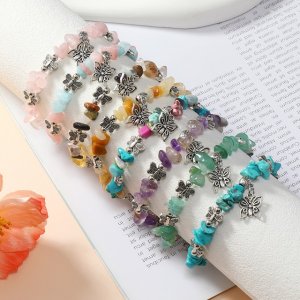 6Pcs Various Elastic Stone Bracelet w/Butterfly Charm