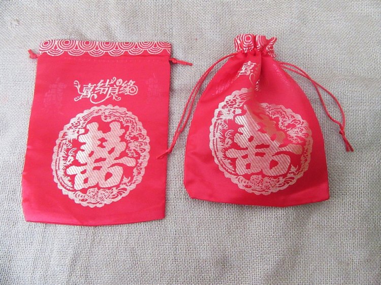 50Pcs Red Double Happiness Candy Bag Jewellery Pouch Drawstring - Click Image to Close