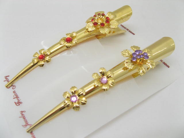 12 Chic Golden Designer Rhinestone Hair Clips 13cm - Click Image to Close