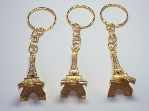 100 Golden Plated France Eiffel Tower Key Rings - Click Image to Close