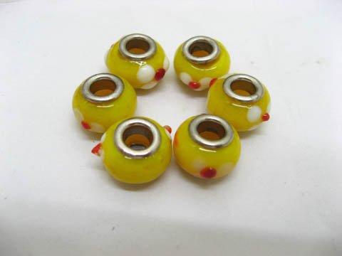 100 Yellow Murano Flower Round Glass European Beads - Click Image to Close