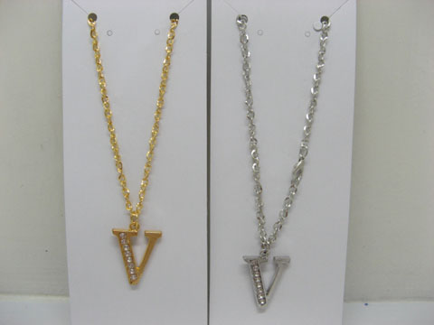 12 Silver&Golden Chain Necklace with Rhinestone Letter "V" Dangl - Click Image to Close