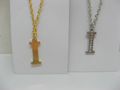 12 Silver&Golden Chain Necklace with Rhinestone Letter "I" Dangl - Click Image to Close