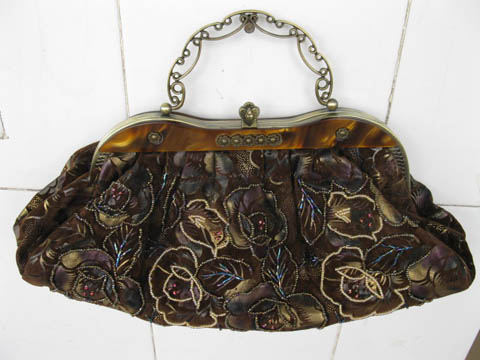 1Pc Dark Coffee Shoulder Bag Handbag w/Beaded Embroider Flower - Click Image to Close