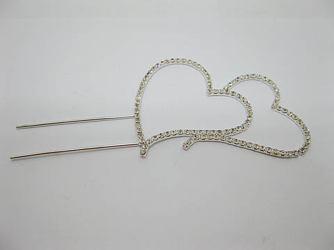 5Pc Silver Diamante Double Heart Wedding Cake Topper Decoration - Click Image to Close