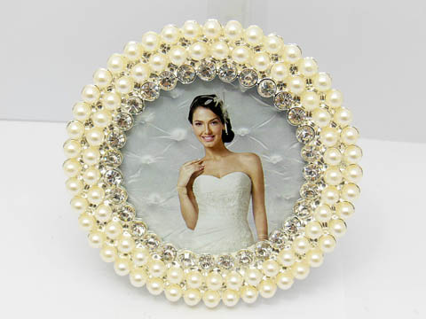 1X Rhinestone & Pearl Wedding Photo Frame - Round - Click Image to Close