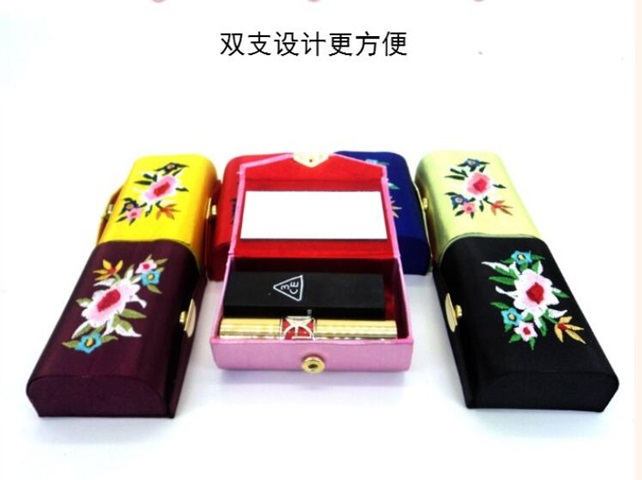 12 Embroidered SILK Double Lipstick Case With Mirror - Click Image to Close