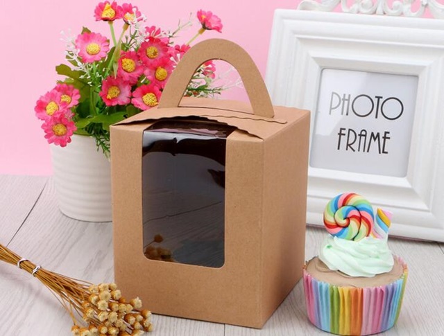 20Pcs Kraft Paper Single Hole Cupcake Cake Box w/Window - Click Image to Close