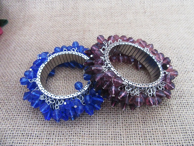 6Pcs Metal Bangle Bracelet with Glass Beads Mixed Color - Click Image to Close