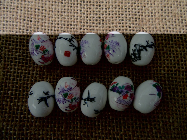 10Pcs Oval Lampwork Porcelain Beads Flower Pattern 18x14mm - Click Image to Close