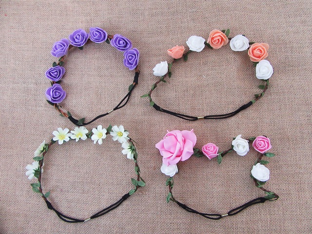 12Pcs Flower On Elastic Head Band Head Hoop Hairband Assorted - Click Image to Close