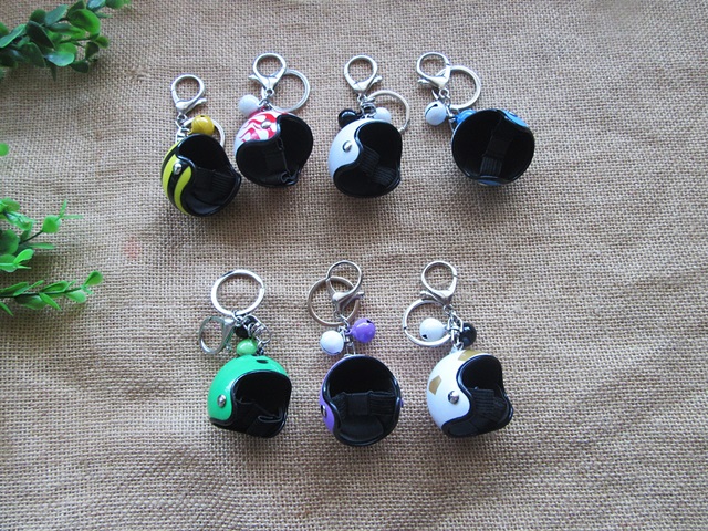 10Pcs Cute Mini Helmet Charm Key Rings with Bell Mixed Color - Click Image to Close