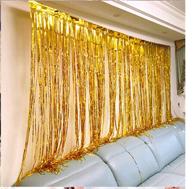 5Pcs Gold Metallic Tinsel Curtain Foil Backdrop Streamer Party - Click Image to Close