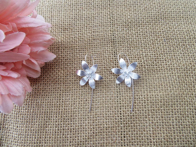 6Pcs (3Prs) Romantic Silver Color Large Flower Dangle Long - Click Image to Close