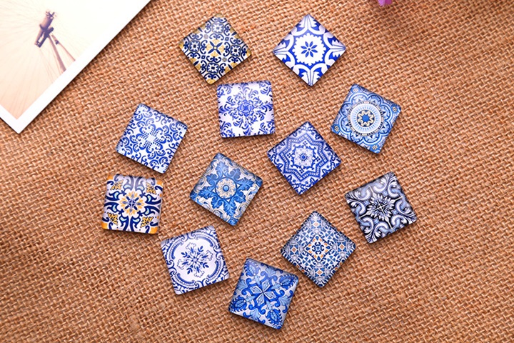 100Pcs Square Cube Various Design Cabochon Tiles Beads 15mm Dia - Click Image to Close