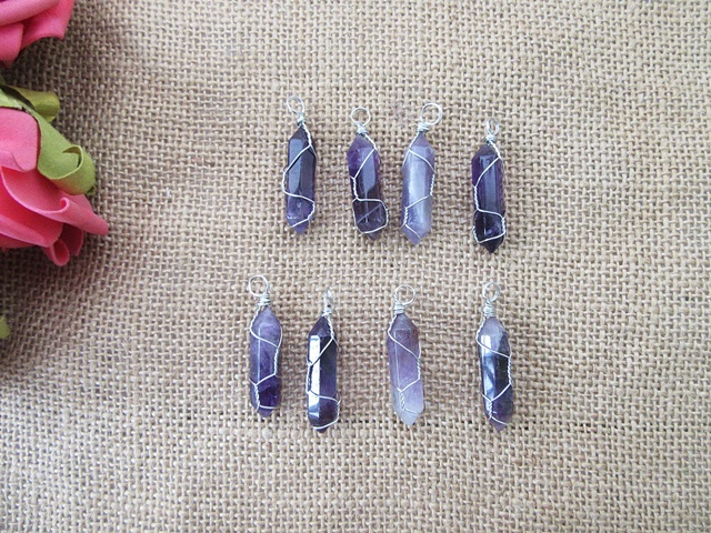 10 Silver Wire Wrapped Amethyst Pendant Hexagon Prism Beads - Click Image to Close