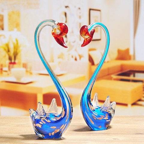 1Pr x 2Pcs Blue Handmade Art Glass Swan Figurine Ornament 30cm - Click Image to Close