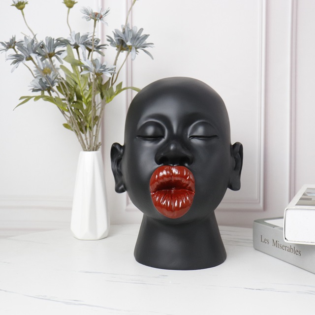 1Pc Modern Black Red Lip Desktop Female Figure Head Decor - Click Image to Close