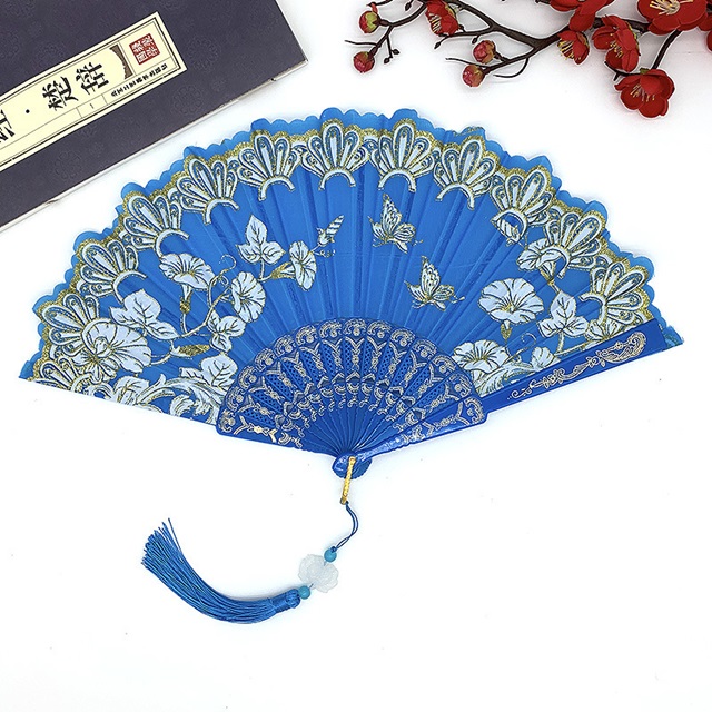 10Pcs Blue Powder Painting Flower Folding Hand Fans w/Tassel - Click Image to Close