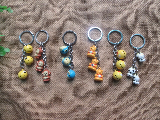 12Pcs Smile Face Monkey Etc Bell Key Chain Key Rings - Click Image to Close